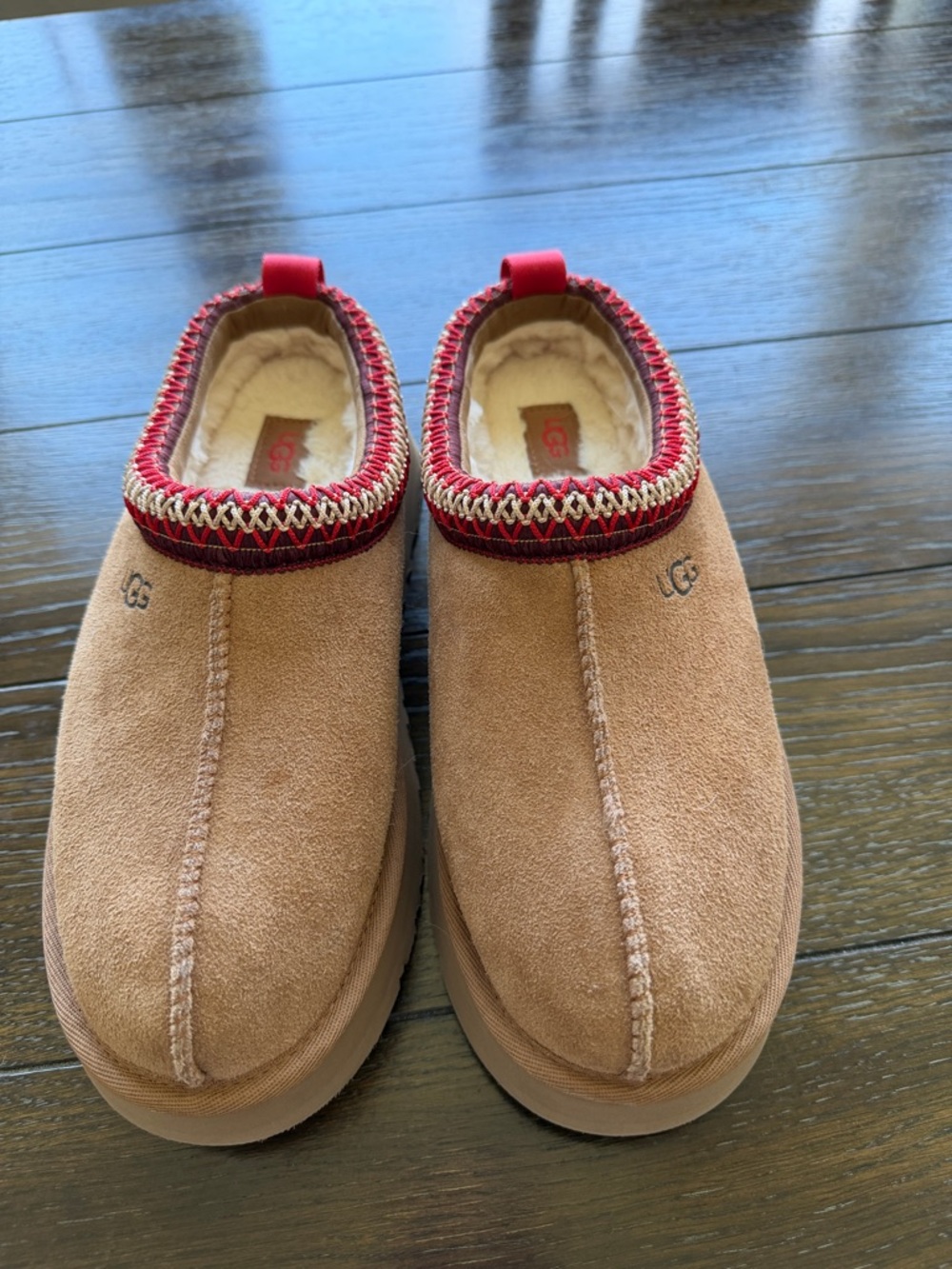 UGG Chestnut Suede Slip-On Slippers with Red Trim- Never worn (no box, no tags) - Picture 2 of 5